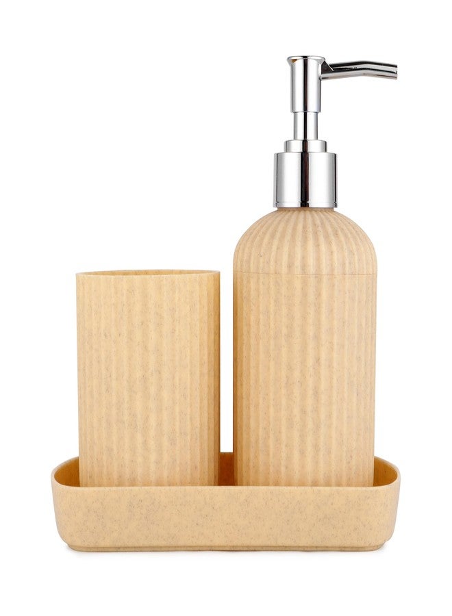 SHENRON Bathroom Accessories Set of 3, Toothbrush Holder, Liquid Soap Dispenser & Tray, Unbreakable Plastic Organizer for Sink & Bathroom Essentials, Handwash, Sanitizer, Shampoo, Lotion (Beige) - Image 1